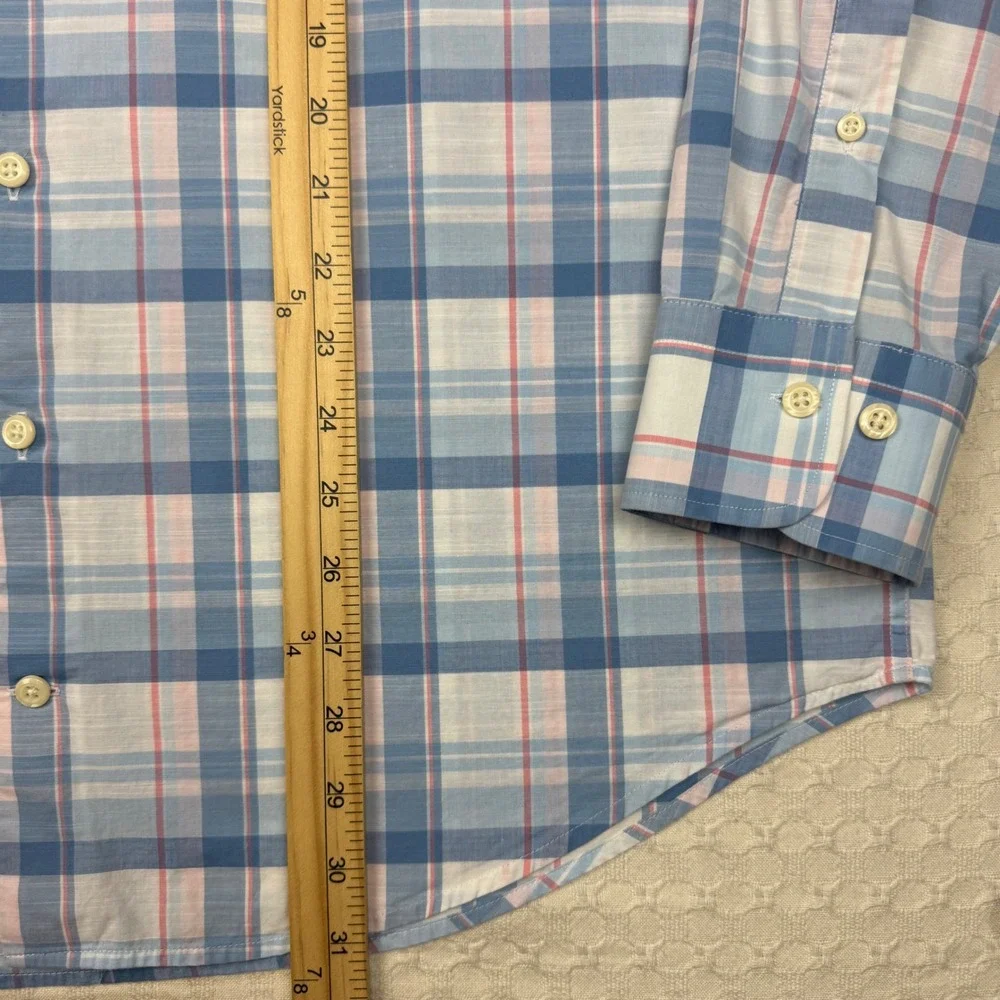 Peter Millar Button Up Plaid Shirt Mens L Blue Long Sleeve Stretch Preppy Office